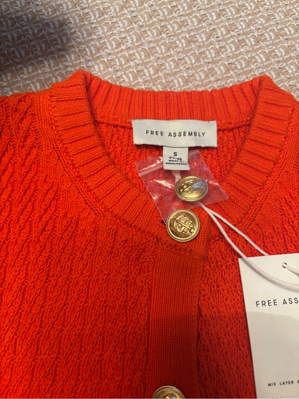 Free Assembly Women's Bright Orange Cable Cardigan with Gold Buttons